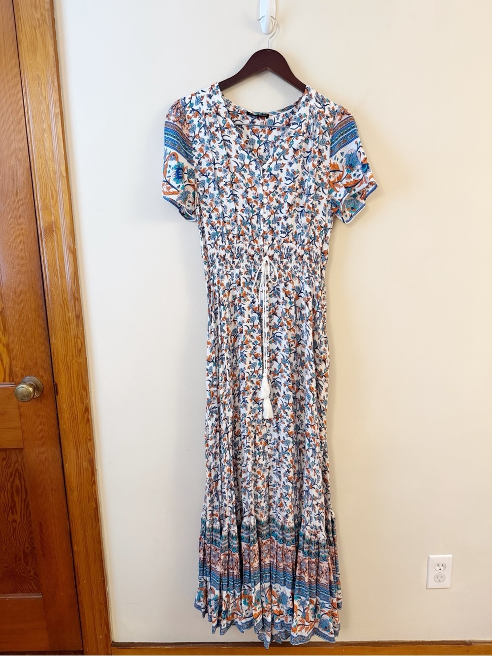 Caroline Morgan Boho Floral Maxi Dress with Drawstring Waist White Multi Medium